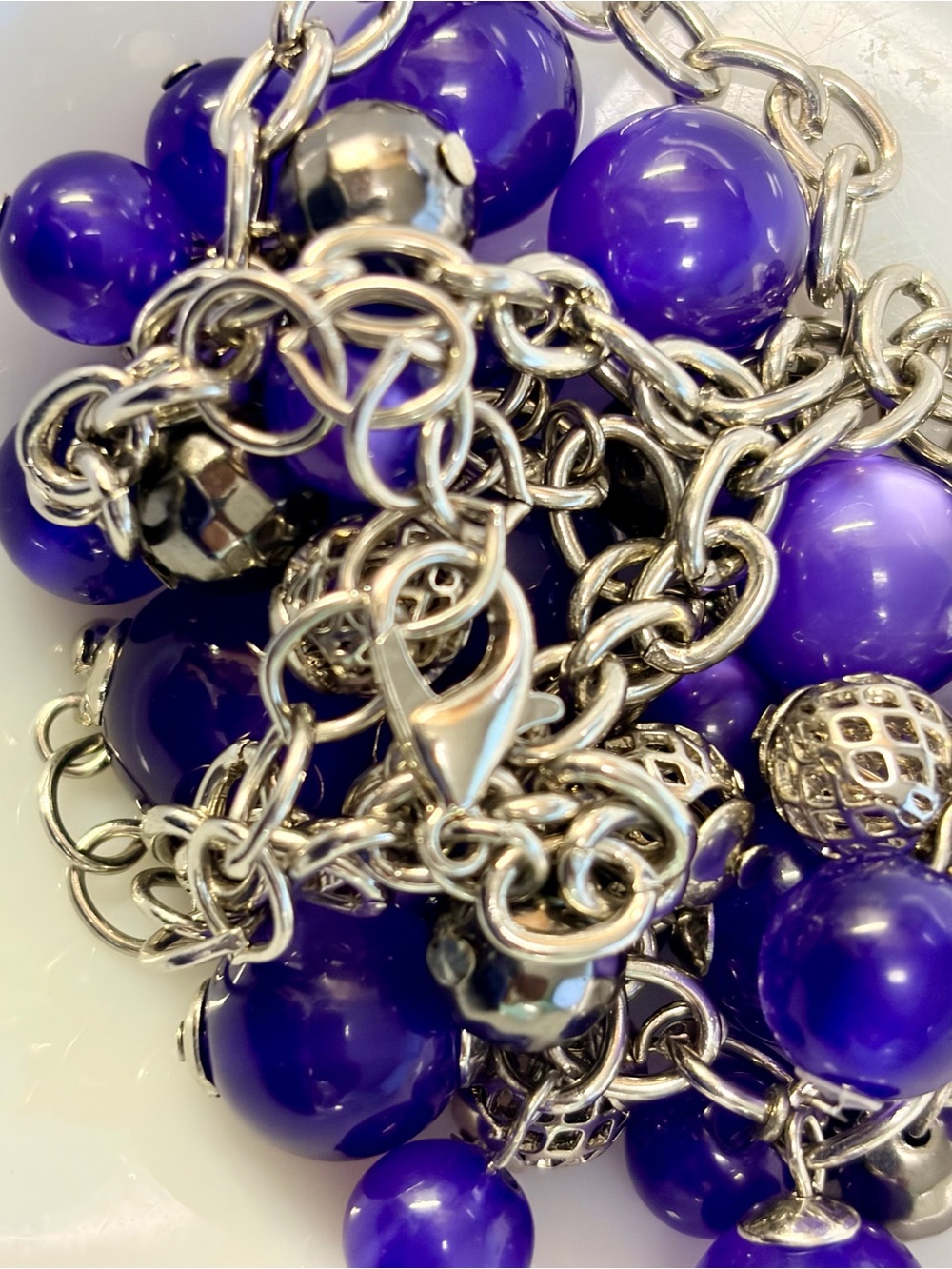 Chunky Purple Cat Eye Beaded and Silver Chain Charm Bracelet - Women Jewelry